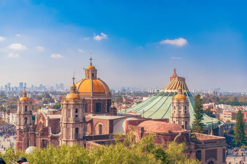 Aerial view of the iconic Basilica of Our Lady of Guadalupe in Mexico City.